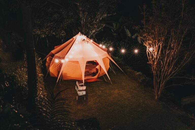 Wynajęty namiot imprezowy stoi przy drzewach na trawniku